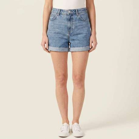 Short denim en coton bleu stone uni avec une coupe droite et une taille haute - Image 4