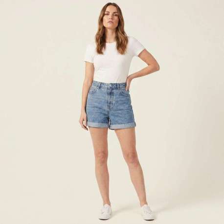 Short denim en coton bleu stone uni avec une coupe droite et une taille haute - Image 6