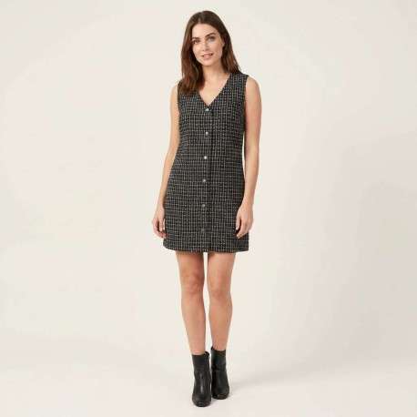 Robe courte noire tweed avec une coupe droite et une fermeture boutonnée - Image 6