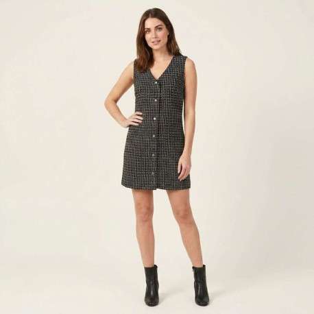 Robe courte noire tweed avec une coupe droite et une fermeture boutonnée - Image 7