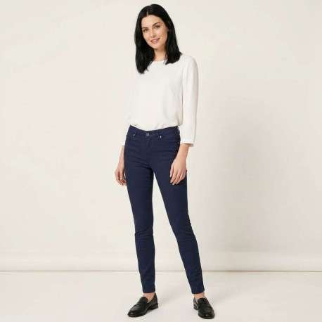 Pantalon en coton mélangé marine uni à coupe slim et une taille intermédiaire - Image 4