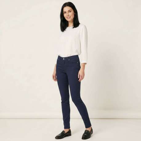 Pantalon en coton mélangé marine uni à coupe slim et une taille intermédiaire - Image 5