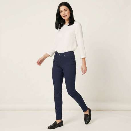 Pantalon en coton mélangé marine uni à coupe slim et une taille intermédiaire - Image 6