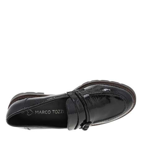 Mocassins noirs vernis à semelle plate avec un bijou à l'avant