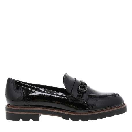Mocassins noirs vernis à semelle plate avec un bijou à l'avant - Image 2