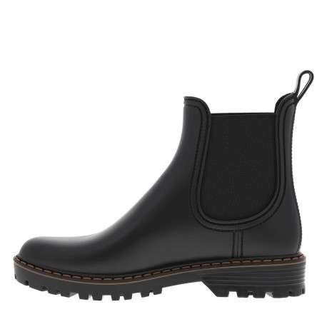 Boots noir mat, à trépointe beige, talon décroché bas et soufflet élastiqué