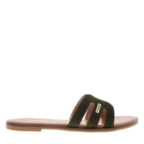 Mules en cuir kaki à semelle plate avec un talon décroché bas - Image 2