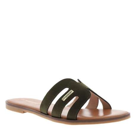 Mules en cuir kaki à semelle plate avec un talon décroché bas - Image 3