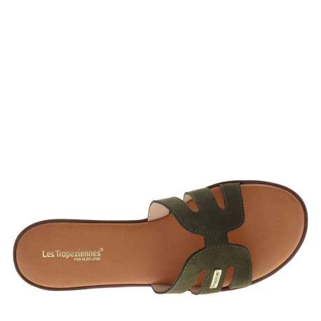 Mules en cuir kaki à semelle plate avec un talon décroché bas - Image 4