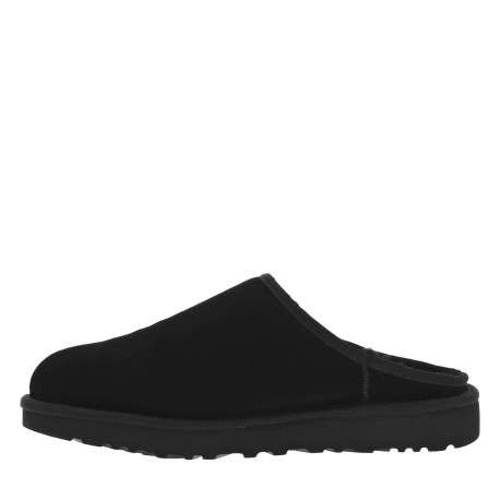 Sabots en cuir noir à talon plat et à slip-on avec de la fourrure synthétique