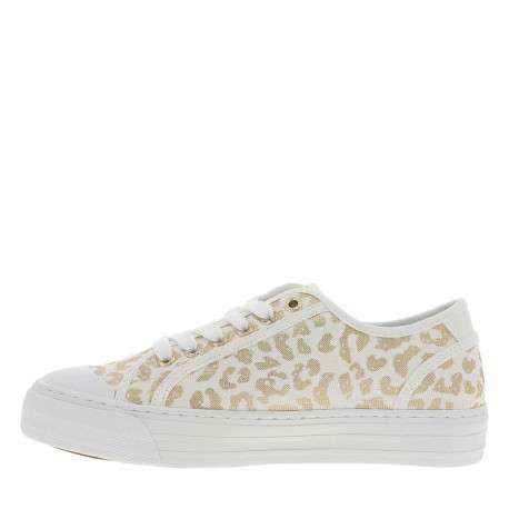 Tennis toile basse blanches avec un talon plat et des lacets