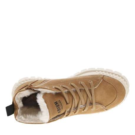 Bottines en cuir enduit camel à talon plat avec des lacets et un zip latéral