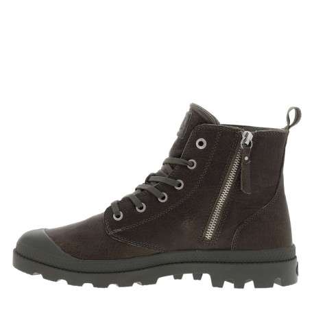 Bottines en cuir kaki à talon plat avec des lacets et un zip latéral