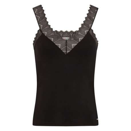 Débardeur noir uni à coupe ajustée, col v et à bretelles en dentelle