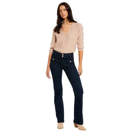 Jean en coton mélangé bleu marine à coupe bootcut et une taille haute - Image 3