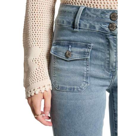 Pantalon 5 Poches bleu jean clair uni slim avec fermeture zippée et boutons - Image 3
