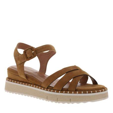 Nu-pieds en cuir cognac à semelle compensée bas et à boucle à ardillon - Image 3
