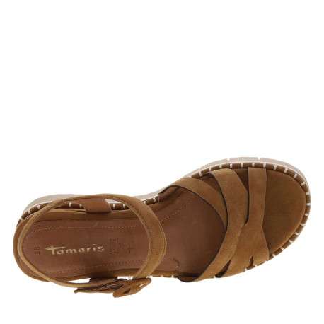 Nu-pieds en cuir cognac à semelle compensée bas et à boucle à ardillon - Image 4