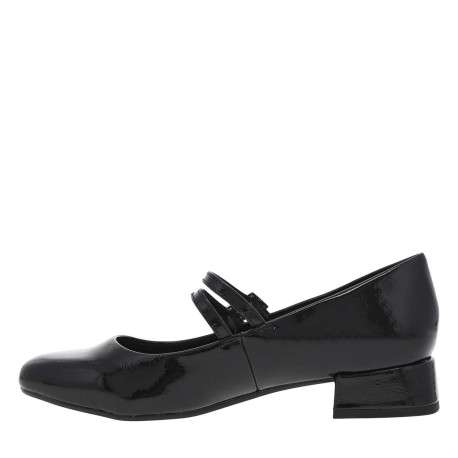 Ballerines noires vernies à talon décroché bas avec 2 boucles à ardillon