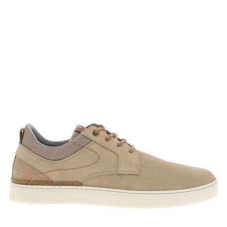 Sneakers en cuir beiges à talon plat avec des lacets ronds bruns - Image 2