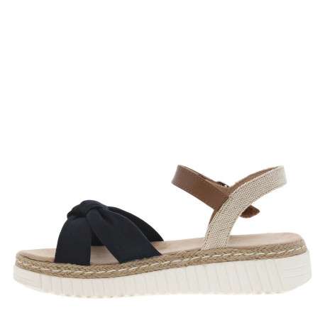 Sandales marine, beiges et marrons avec une sangle nouée et à talon compensé bas