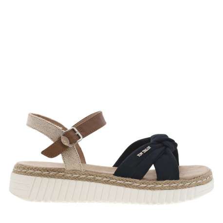 Sandales marine, beiges et marrons avec une sangle nouée et à talon compensé bas - Image 2