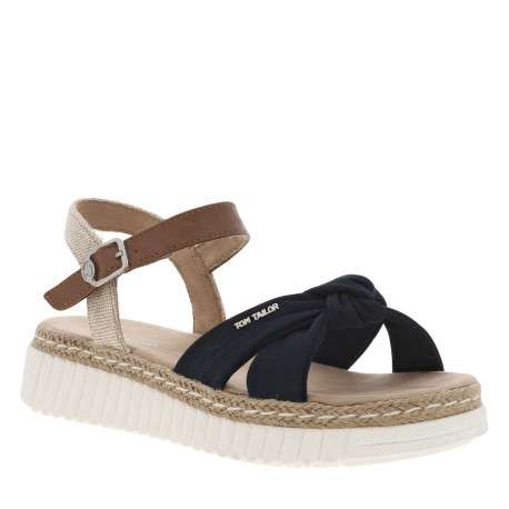 Sandales marine, beiges et marrons avec une sangle nouée et à talon compensé bas - Image 3