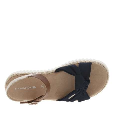 Sandales marine, beiges et marrons avec une sangle nouée et à talon compensé bas - Image 4