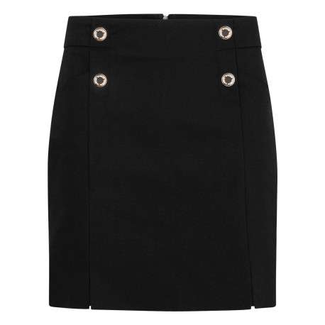 Jupe courte noire unie et fendue avec boutons ronds dorés et zip arrière