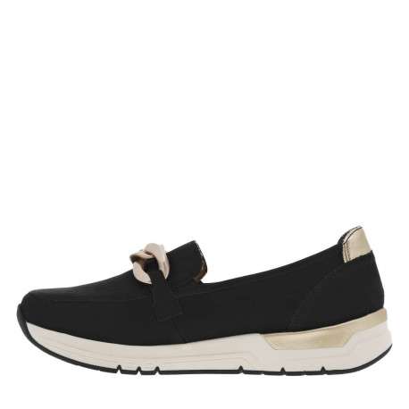 Mocassins noirs à talon plat avec empiècements dorés et chaîne bronze