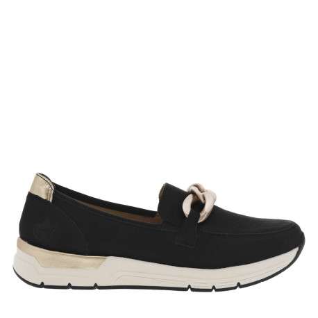 Mocassins noirs à talon plat avec empiècements dorés et chaîne bronze - Image 2