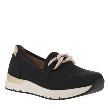 Mocassins noirs à talon plat avec empiècements dorés et chaîne bronze - Image 3