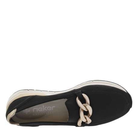 Mocassins noirs à talon plat avec empiècements dorés et chaîne bronze - Image 4