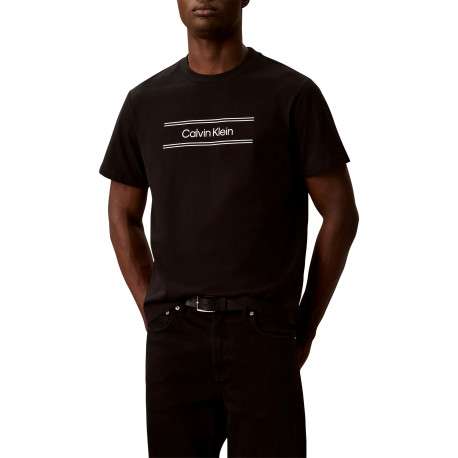 T-shirt en coton noir à coupe droite pourvu d'un col rond en maille piquée - Image 2