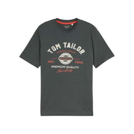 T-shirt en coton gris imprimé à coupe droite pourvu d'un col rond