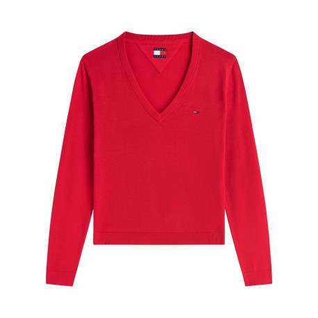 Pull en coton biologique rouge à coupe ajustée pourvu d'un col v
