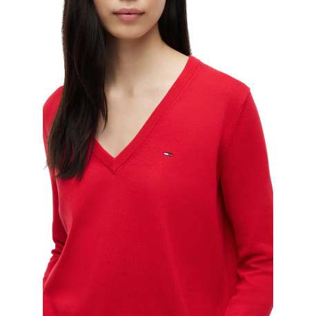 Pull en coton biologique rouge à coupe ajustée pourvu d'un col v - Image 4