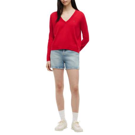 Pull en coton biologique rouge à coupe ajustée pourvu d'un col v - Image 5