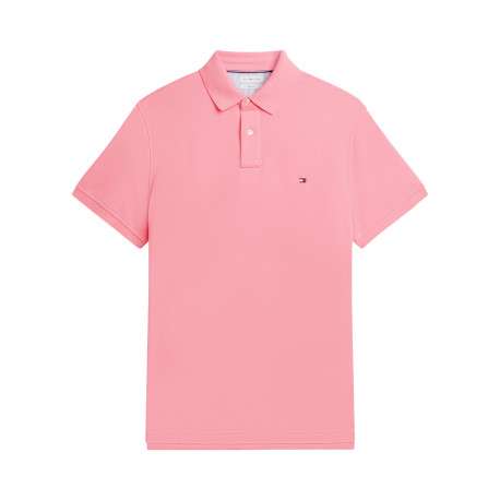 Polo en coton biologique rose à coupe ajustée pourvu d'un col boutonné