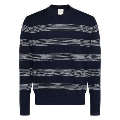 Pull en coton marine à rayures avec une coupe droite et un col rond