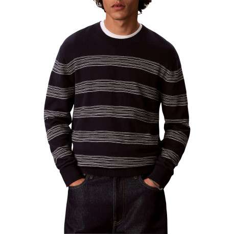 Pull en coton marine à rayures avec une coupe droite et un col rond - Image 2