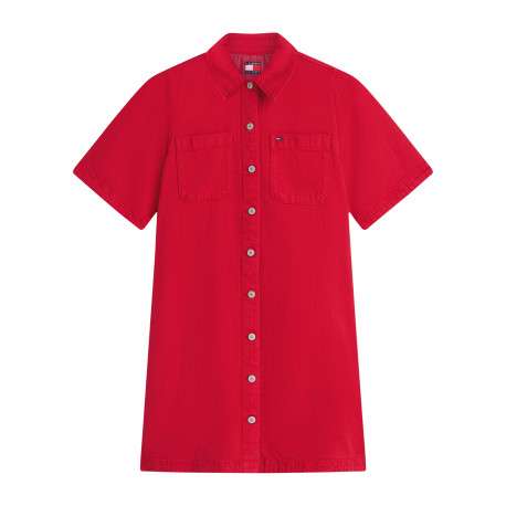 Robe courte en coton rouge à coupe droite pourvue d'une fermeture boutonnée