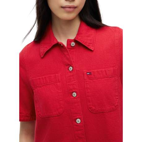 Robe courte en coton rouge à coupe droite pourvue d'une fermeture boutonnée - Image 4