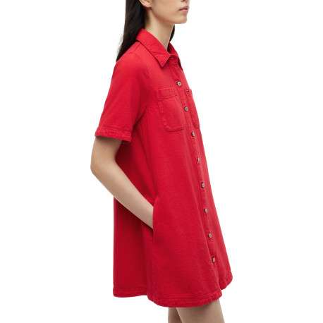 Robe courte en coton rouge à coupe droite pourvue d'une fermeture boutonnée - Image 5
