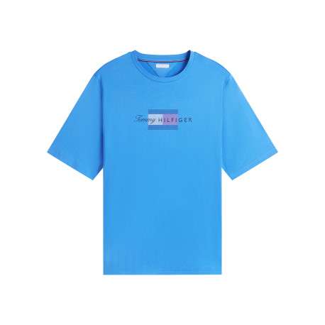 T-shirt en coton bleu à coupe ajustée pourvu d'un col rond côtelé
