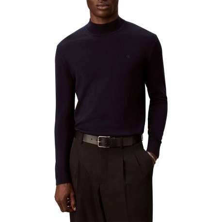 Pull en laine marine uni avec une coupe droite et un col roulé - Image 2