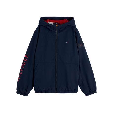 Blouson marine à coupe ajustée pourvu d'un col à capuche zippé