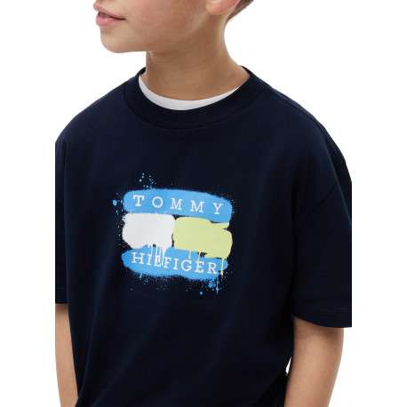 T-shirt en coton marine à coupe droite orné d'un imprimé sur la poitrine - Image 4
