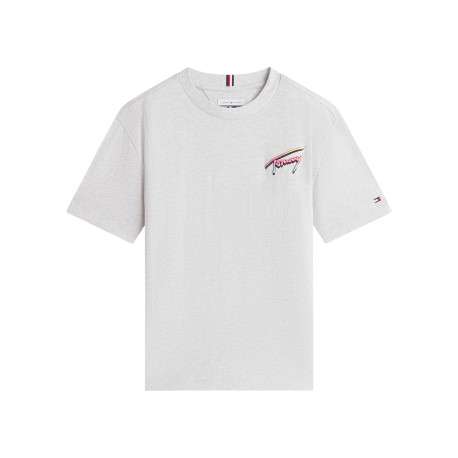 T-shirt en coton gris clair imprimé à coupe droite pourvu d'un col rond