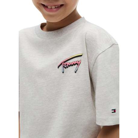 T-shirt en coton gris clair imprimé à coupe droite pourvu d'un col rond - Image 4